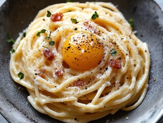  Pasta carbonara with a raw egg yolk on top