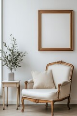 Wall Mural - A stylishly decorated corner featuring a vintage chair and minimalist table with a vase, accompanied by an empty picture frame, showcasing a calm and inviting interior design aesthetic