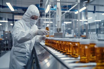 Wall Mural - A worker in a white suit operating on a conveyor belt, with machinery and products in the background