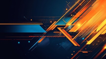 Abstract geometric background with orange, blue, and white lines and shapes on a dark blue background.
