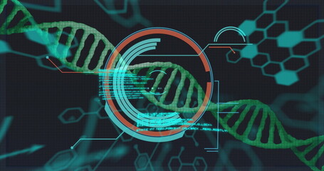 Canvas Print - image of dna strand with chemical formula and data processing on black background