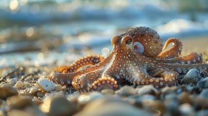 Poster - An octopus sits on a rocky beach next to the ocean, ready for its next move