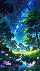 Wall Mural - Forest image with beautiful flowers and sky, 4K resolution