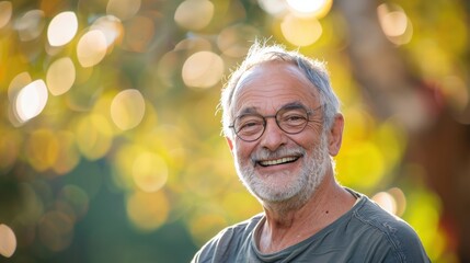 A cheerful elderly man smiles warmly while surrounded by softly blurred autumn foliage during a sunny day in a park