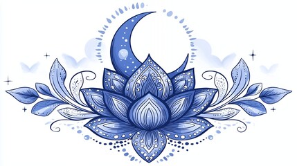 Canvas Print - Blue lotus flower with crescent moon