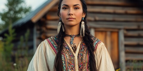 Wall Mural -  First Nations woman in traditional embroidered dress, standing in front of a wooden house or historical structure