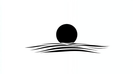 Sticker - Simple black and white illustration of the sun setting over the ocean.