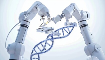 Two robotic arms are holding and manipulating a DNA strand, representing advanced technology and genetic engineering.