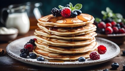 Wall Mural - Fluffy Wheat Flour Pancakes Drizzled with Creamy Sour Cream for a Delightful Treat