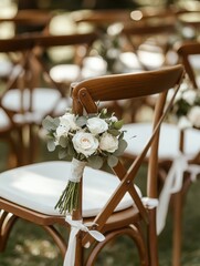 Wall Mural - White flowers on wooden chairs at an outdoor wedding ceremony decor, wooden cross-back aesthetic chairs with white linen seats and small bouquets of garden roses tied to the chair legs