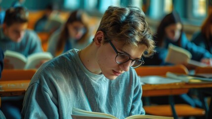 Sticker - A student sitting at a desk reading a book in a quiet classroom setting