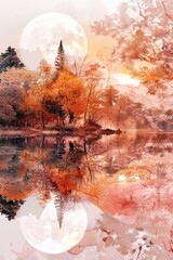 Wall Mural - a serene scene of a full moon shining brightly above a calm lake, perfect for peaceful atmosphere an