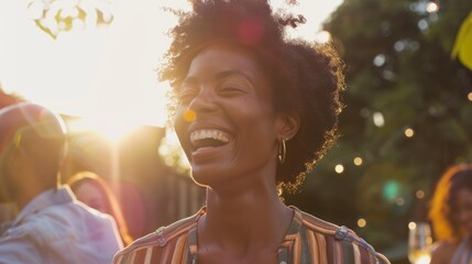 Wall Mural - A woman smiling as she stands with a group, perfect for social events or gatherings