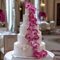 Wall Mural -  A white wedding cake with cascading hot pink orchids and sugar lace detailing, set in an elegant tea room setting. 