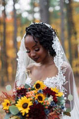 Sticker -  beautiful black bride with lace veil and sunflower bouquet, fall wedding in the woods, red yellow burgundy flowers