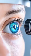 Wall Mural - Close-up of a patient's eye being examined with a slit lamp during an eye checkup, vision health, eye care -