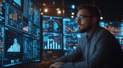 Aufkleber - A young business leader engaging in a video call with a global team, with charts and data displayed on the screen, highlighting the digital connectivity in today business world.