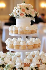 Canvas Print -  three-tiered cupcake stand featuring mini cupcakes in various shades of white, with one wedding  large cake on top 