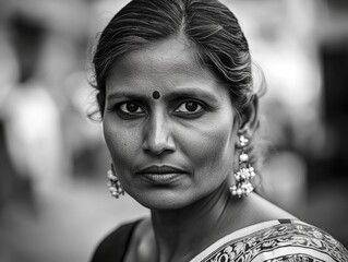 Poster -  A black and white portrait of an Indian woman on the streets. She is wearing earrings and has beautiful eyes. 