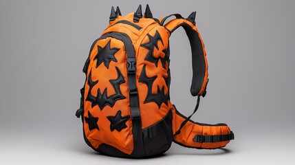 Unique orange and black spiked backpack with star patterns.