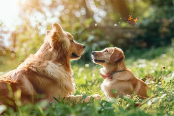 Wall Mural - A pair of dogs sitting on a lush green grassy area, possibly in a park or backyard