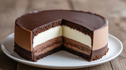 Sticker - large chocolate cheesecake, sliced, on a white plate, layers: chocolate cake on the bottom, then white, milk chocolate and dark chocolate