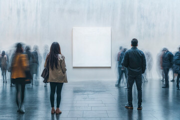 Femme debout devant un tableau blanc dans une galerie d'art