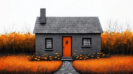 An orange door house surrounded by vibrant orange flowers in a serene landscape.