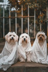 Canvas Print - Three small white dogs wrapped snugly in white towels