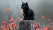 © Chano_1_na - Black cat sitting on a stone pillar surrounded by red flowers.