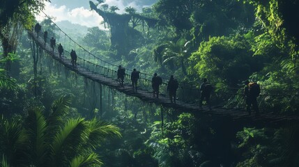 Group of adventurers crossing a suspension bridge in a dense jungle