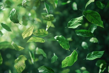 Poster - Aerial view of green leaves in mid-air movement