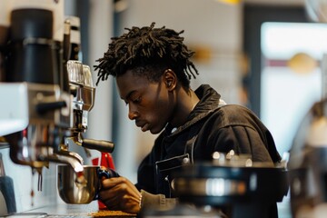 Canvas Print - A person operating a coffee maker with a black jacket on