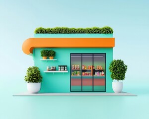 Eco-friendly suburban minimart exterior with green roofs, recycled materials, and inviting design, Minimart, Eco-Suburban