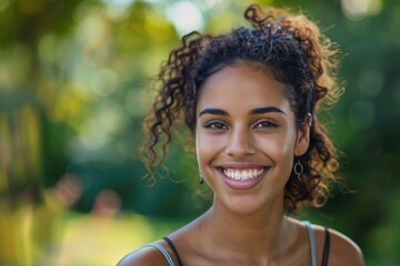 Canvas Print - A happy woman with curly hair smiling directly at the camera