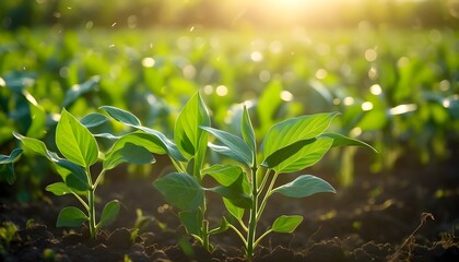 Canvas Print - Sunlit Soybean Leaves in a Flourishing Ripening Field