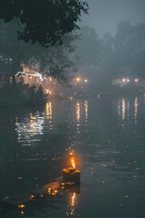 Wall Mural - a solitary candle floats on a peaceful lake under the starry night sky, perfect for serene ambiance 