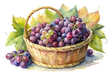 Watercolor hand drawn Lots of grape in a basket isolate on transparency background