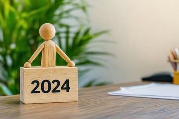 Wall Mural - wooden figure holding a block with the year 2024, indoor setting with greenery.