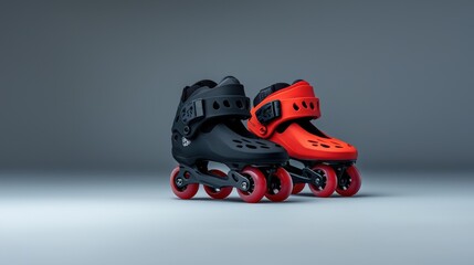 Pair of stylish rollerblades, black and red, on a smooth, gray background.