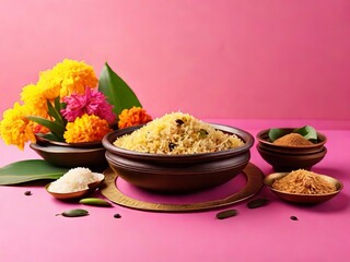 Traditional food onasadya. Onam food with sadhya rice on pink background. Happy Onam, harvest festival. Indian religious concept. Banner with copy space , poster, greeting card