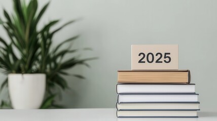 Wall Mural - books stacked with a 2025 sign, minimalist decor, plant in the background.