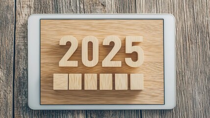 Wall Mural - wooden blocks displaying the year 2025 on a tablet, rustic wooden background.