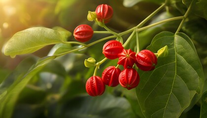 Wall Mural - Erupting Balsam Apple Fruit Revealing Vibrant Red Seeds on Lush Tendril Vine