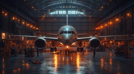 Canvas Print - A large airplane is sitting in a hangar with workers around it