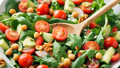 Wall Mural - Colorful vegan vegetable salad with cherry tomatoes, green lettuce, yam, and walnuts in a white bowl, accompanied by a yellow spoon, set on a wooden garden table