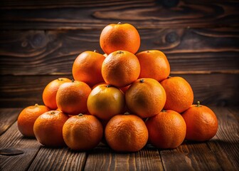 Ornate orange fruits with gentle ridges, pyramidal arrangement on a rustic surface, radiating warmth under golden lighting.