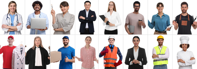 Sticker - People of different professions on white background, collage