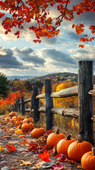  Autumn landscape with vibrant fall foliage, pumpkins along rustic wooden fence, scenic countryside view, seasonal harvest theme in golden hour lighting.