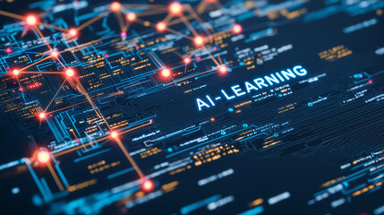 AI learning digital network with glowing connections and data circuits
